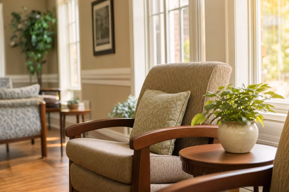 Sunlit, comfortable common room in a senior care home with armchairs, plants, and large windows