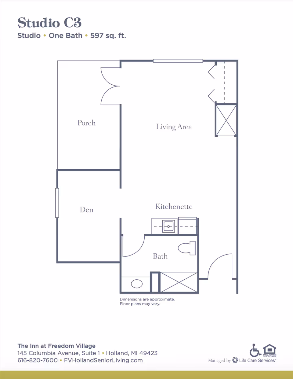 Floor plan of a studio apartment showing living area, kitchenette, bath, den, and porch.