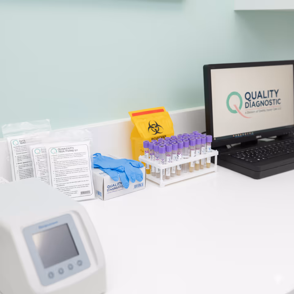 Medical testing supplies and a computer on a clean lab counter.
