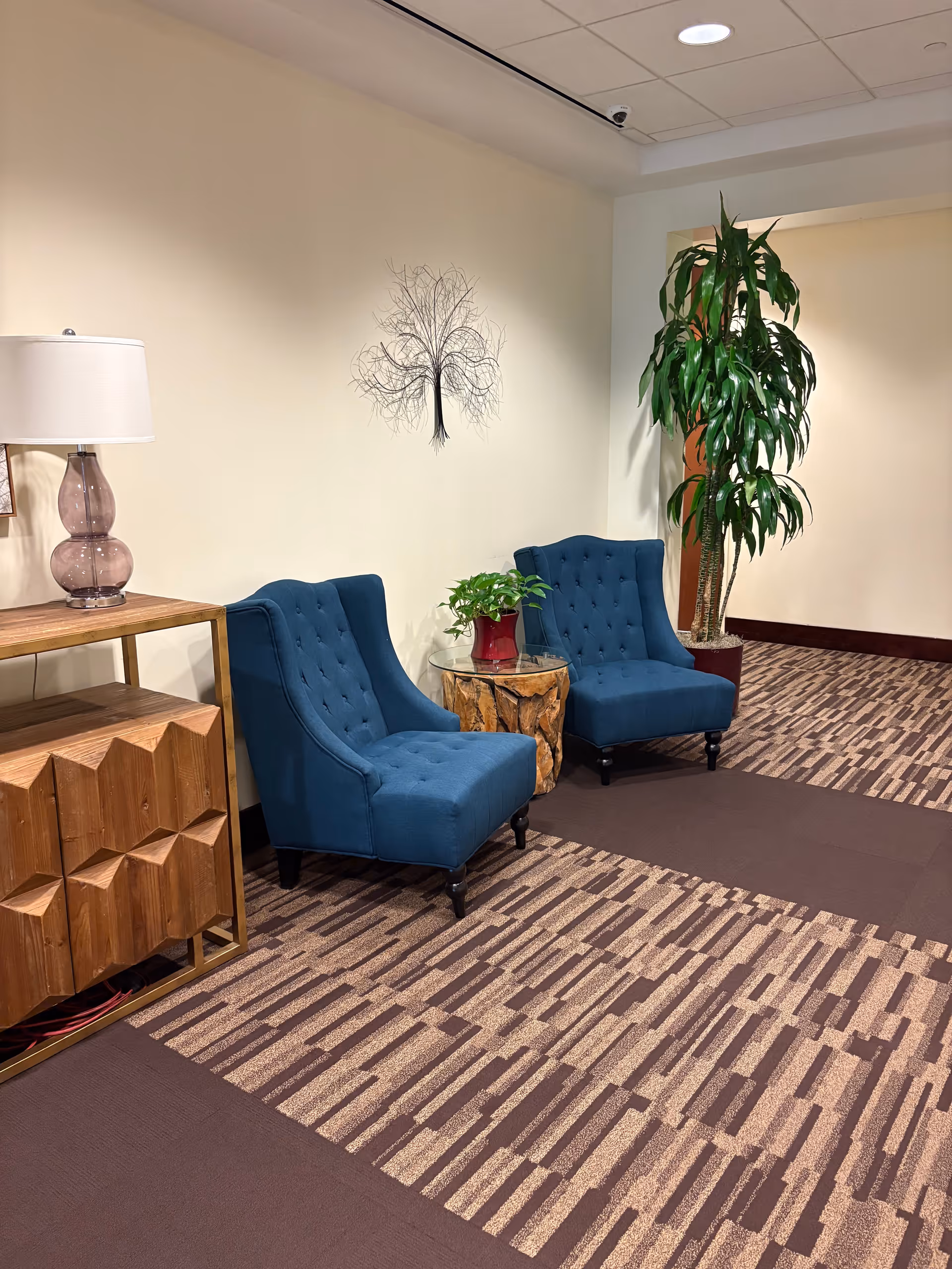 Two blue tufted chairs beside a glass table with plants in a hallway lounge