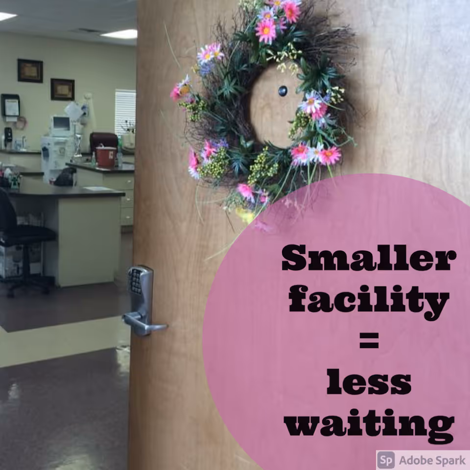 Interior facility door with a wreath and pink circular graphic overlay.