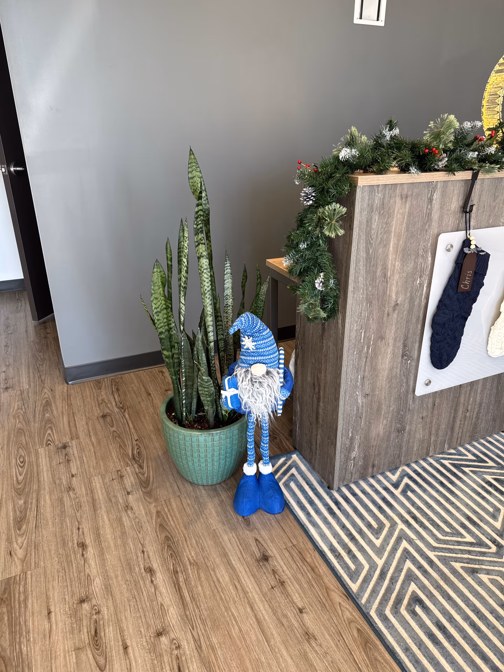 Indoor lobby area featuring a potted snake plant, garland, and blue gnome decoration.