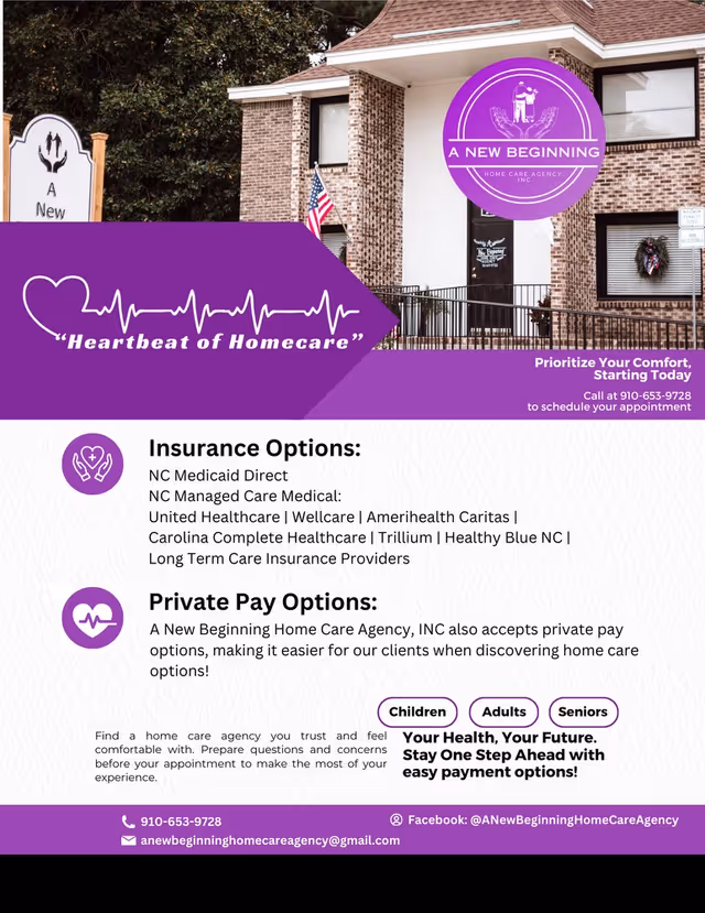 Brick building exterior with purple A New Beginning Home Care Agency sign and banner.