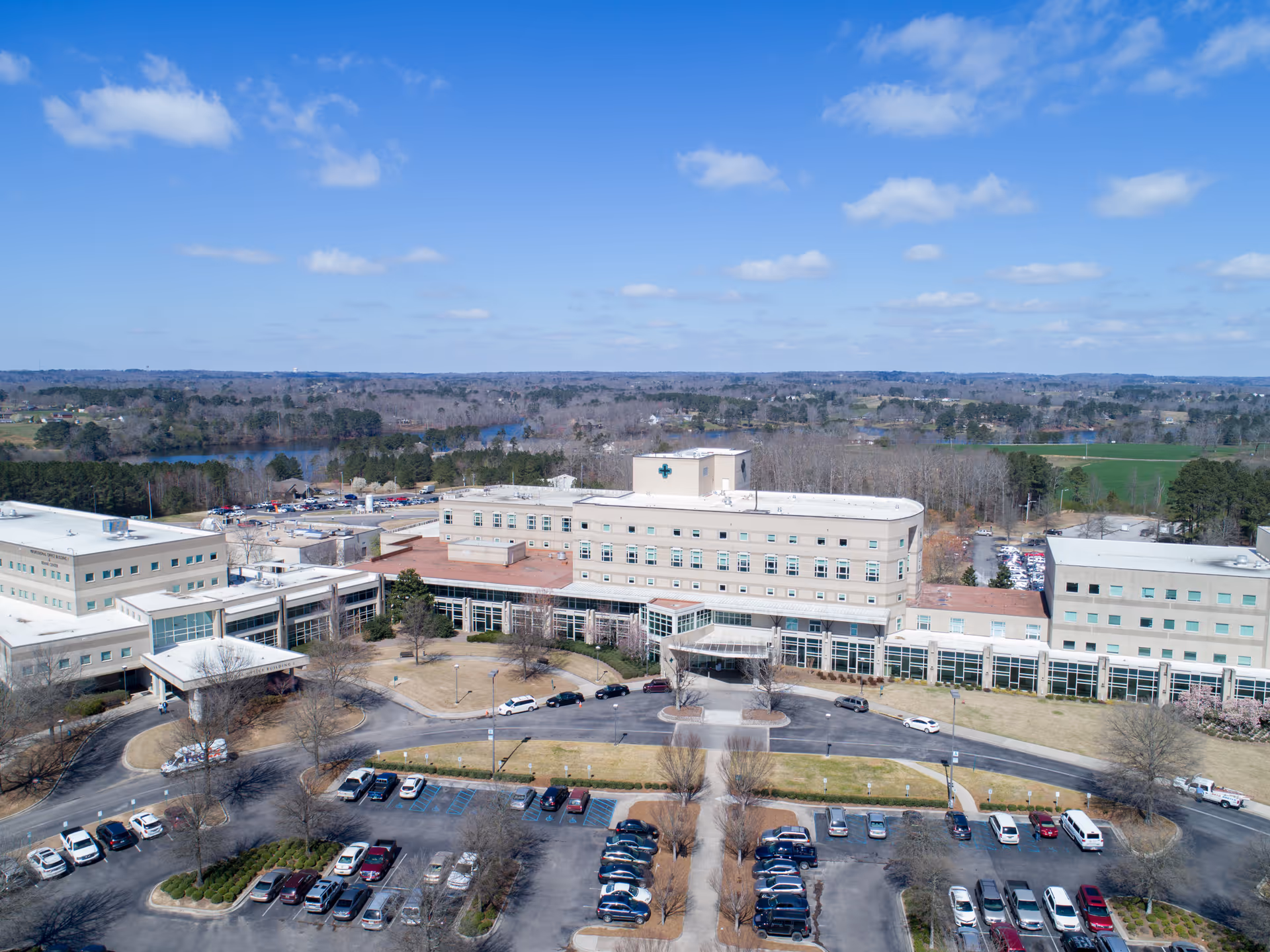 Aerial view of Cullman Regional Medical Center campus with parking and wings