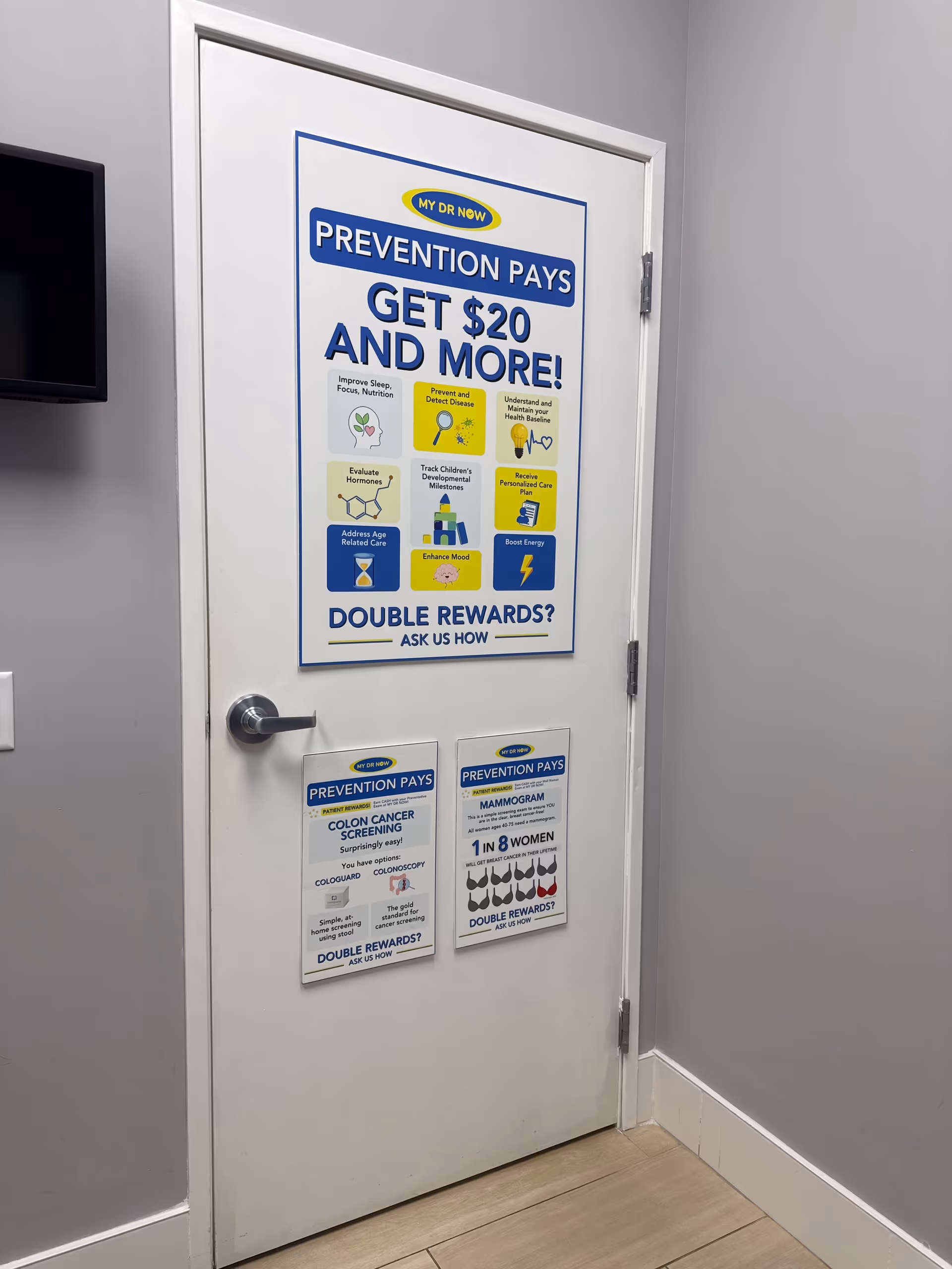 Interior door in a hallway covered with My Dr Now posters.