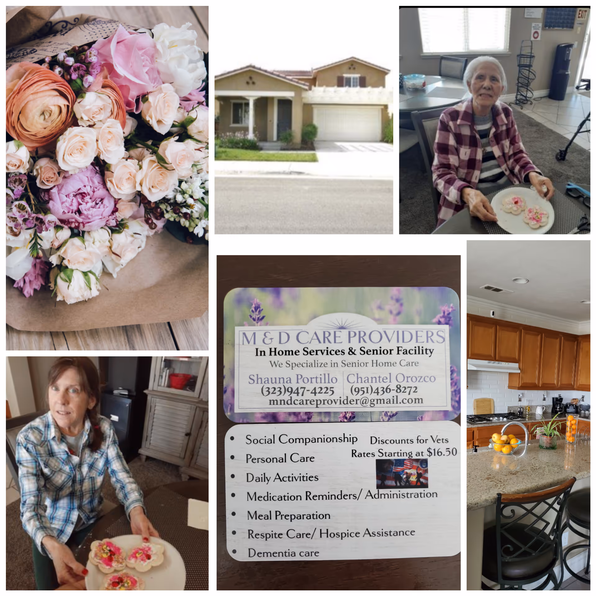 Collage showing flowers, a home exterior, residents dining, and a kitchen at M&D Care Providers.