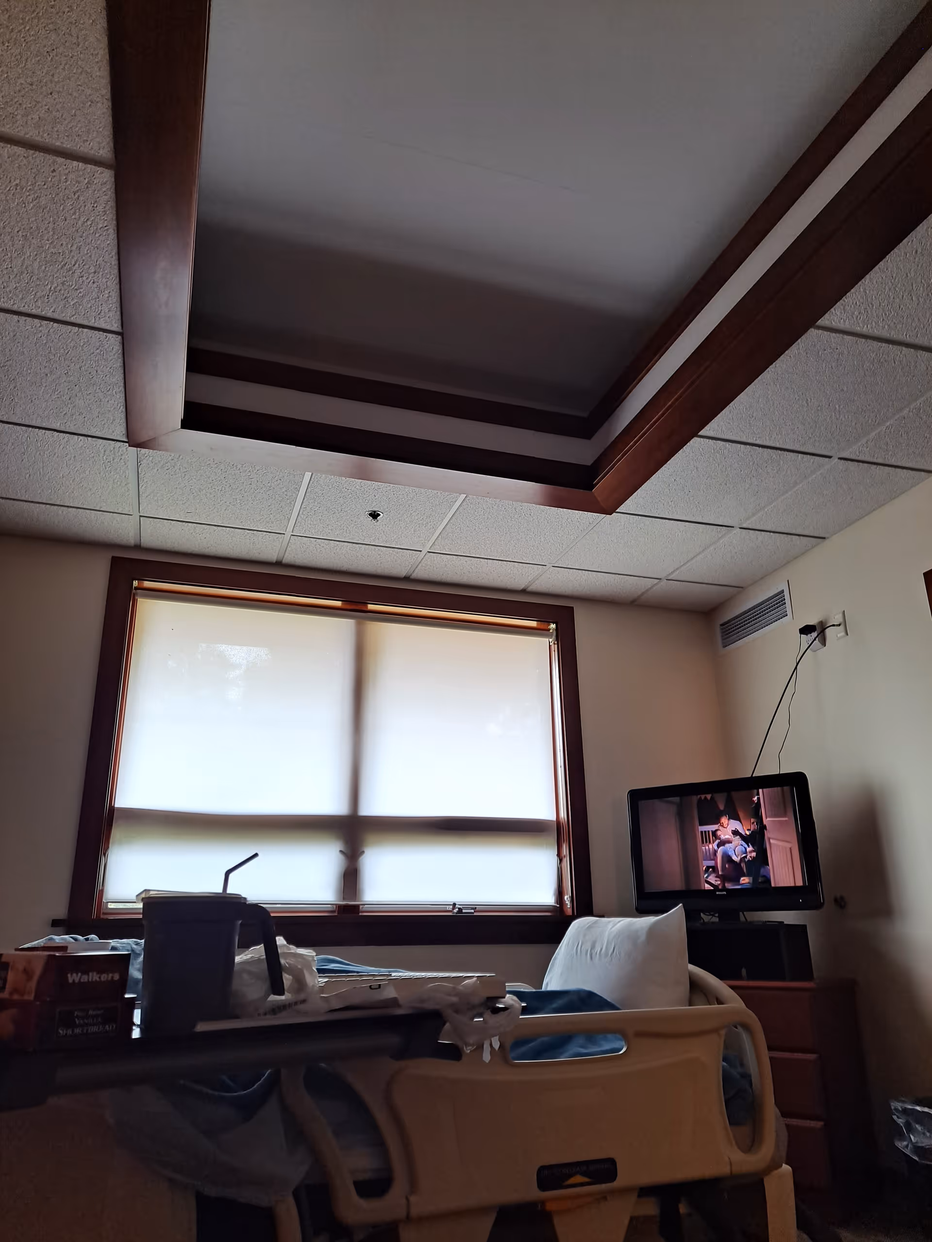Senior living patient room with bed, window blinds, and a small television.