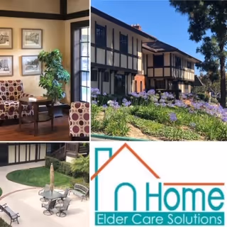 Exterior Tudor-style senior living building with garden, indoor seating, and In Home Elder Care Solutions logo.
