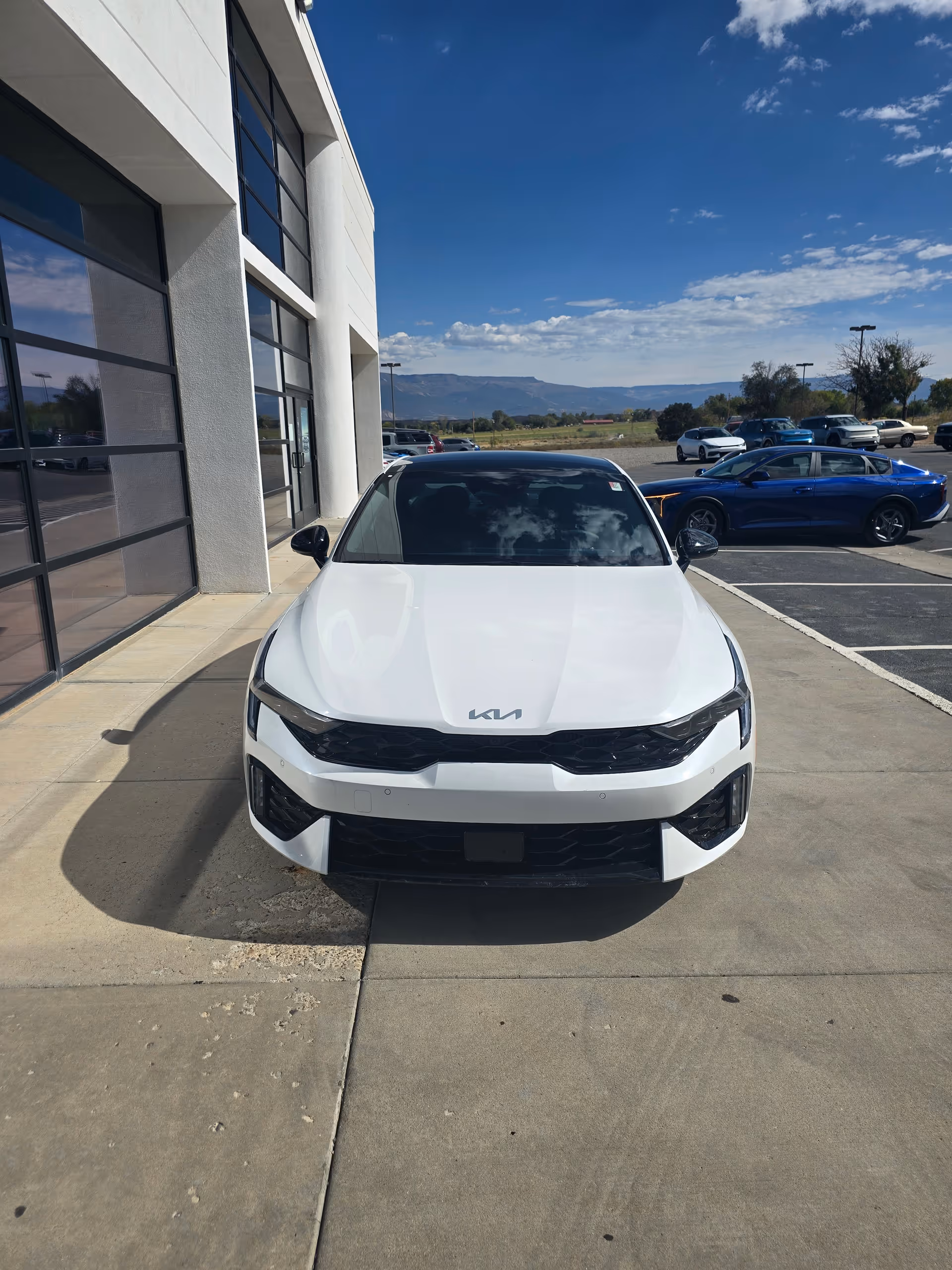 White Kia car parked outside a modern showroom with glass walls and blue sky.