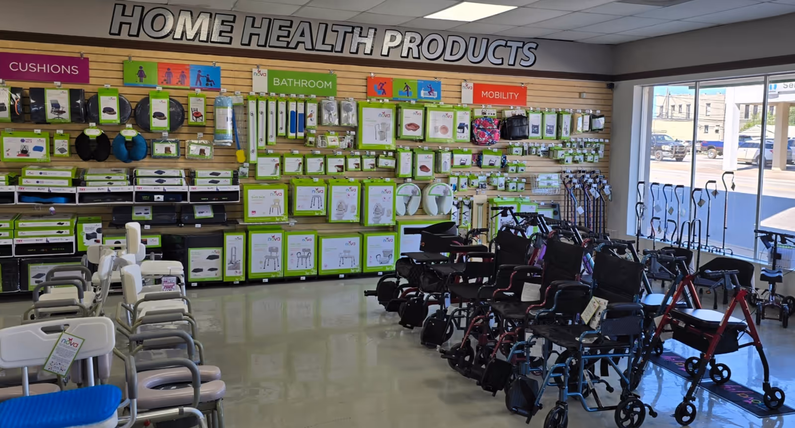 Interior showroom featuring mobility aids and home health products with wheelchairs and walkers.