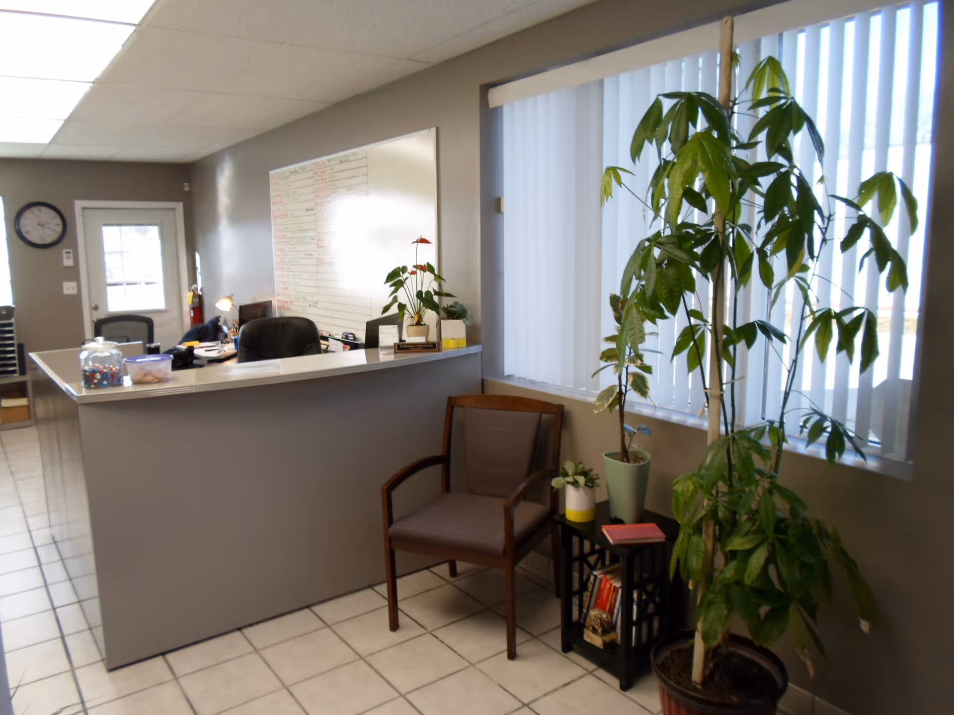 Reception desk in a facility lobby with chairs, tall plants, whiteboard, and blinds.