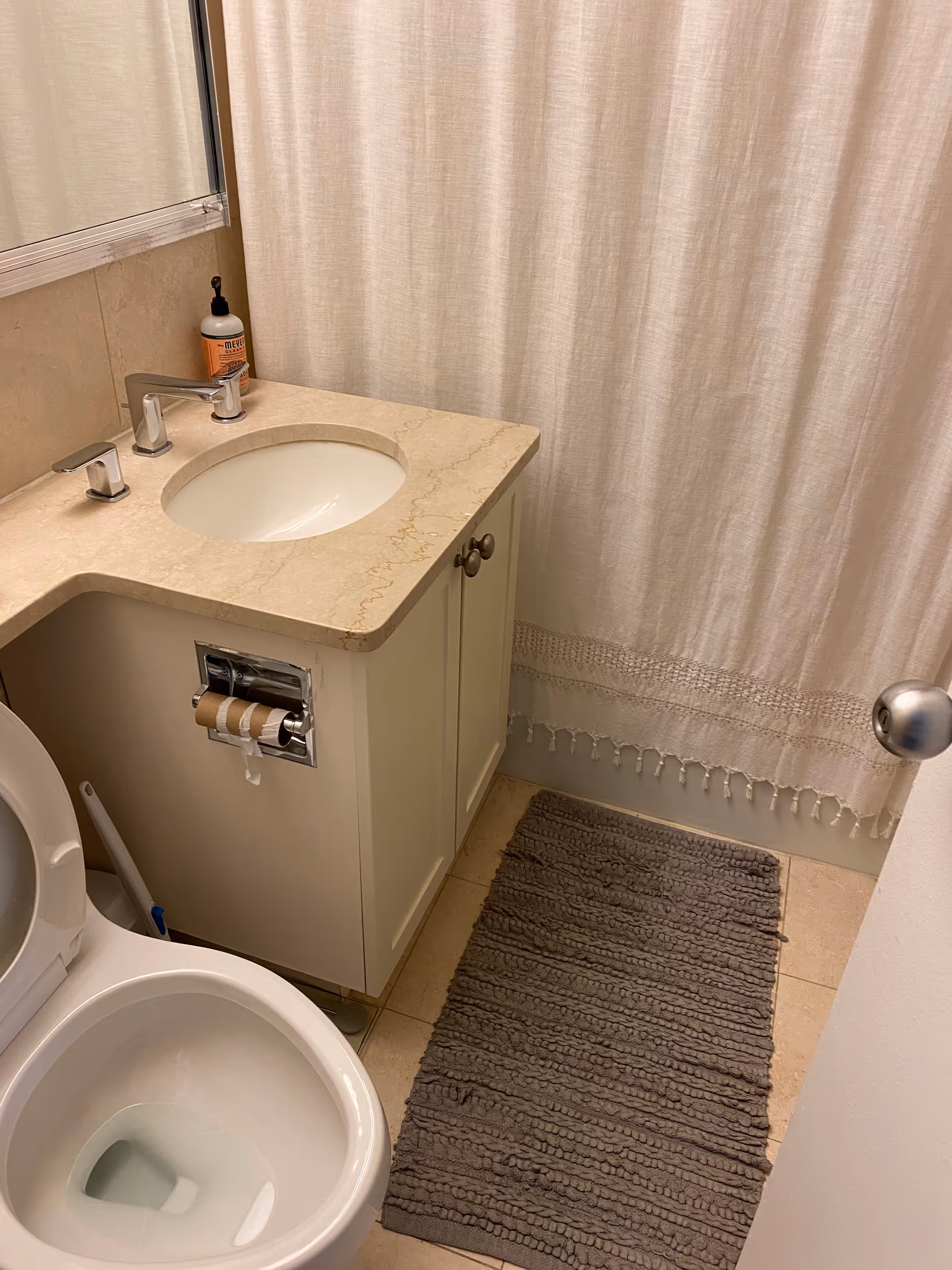 Compact bathroom with sink, vanity, toilet, shower curtain, and rug.