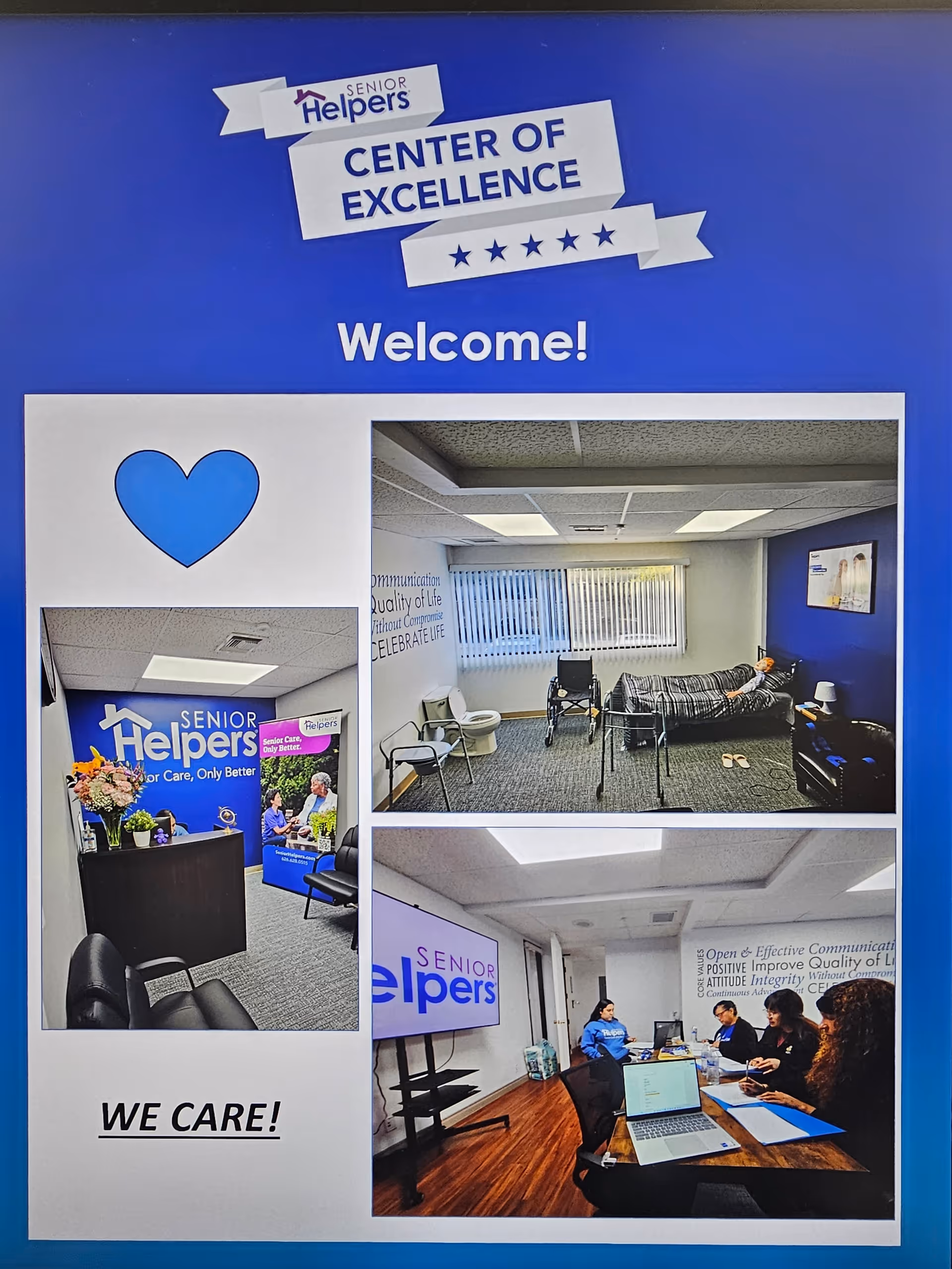 Blue Senior Helpers display board Center of Excellence with photos of lobby, office, and patient room.