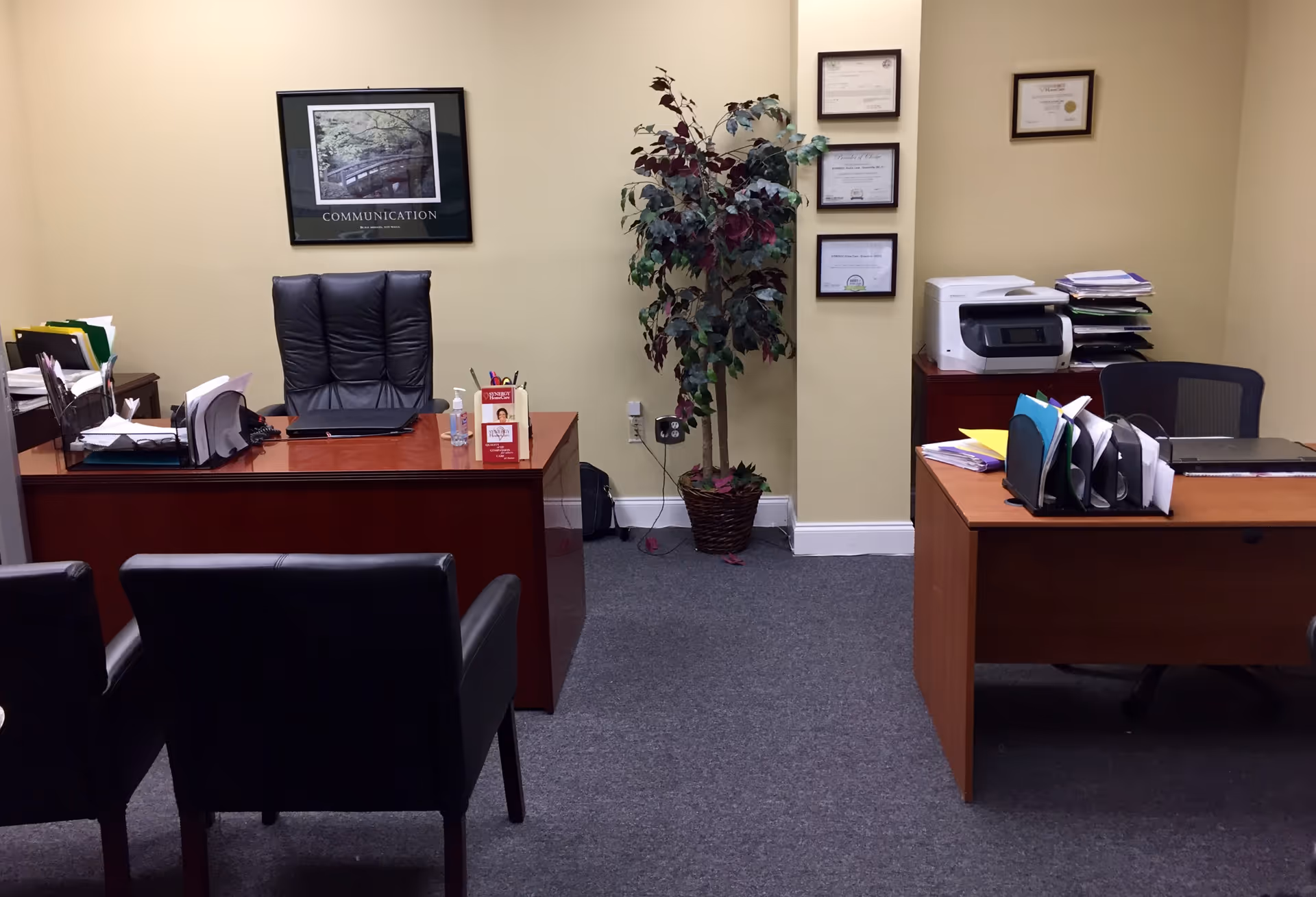 Office reception area with two desks, chairs, printer, folders, framed certificates, and a potted plant.