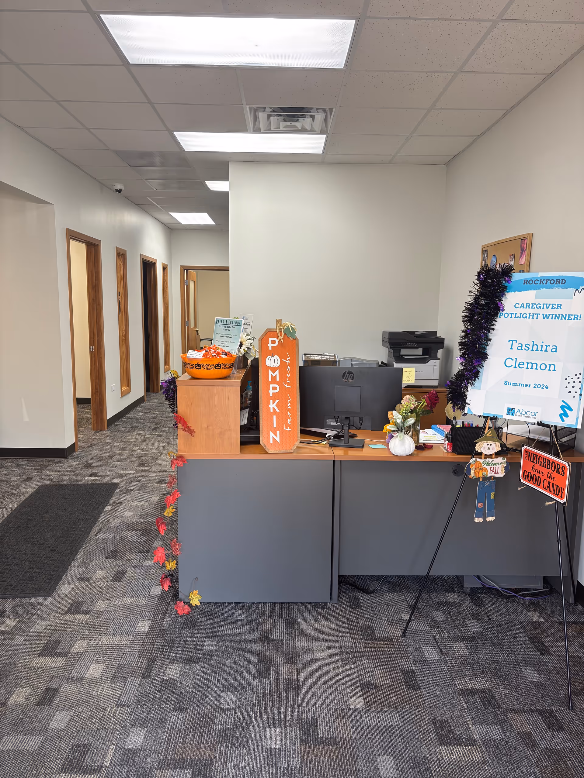 Reception desk at Abcor Home Health in a well-lit interior