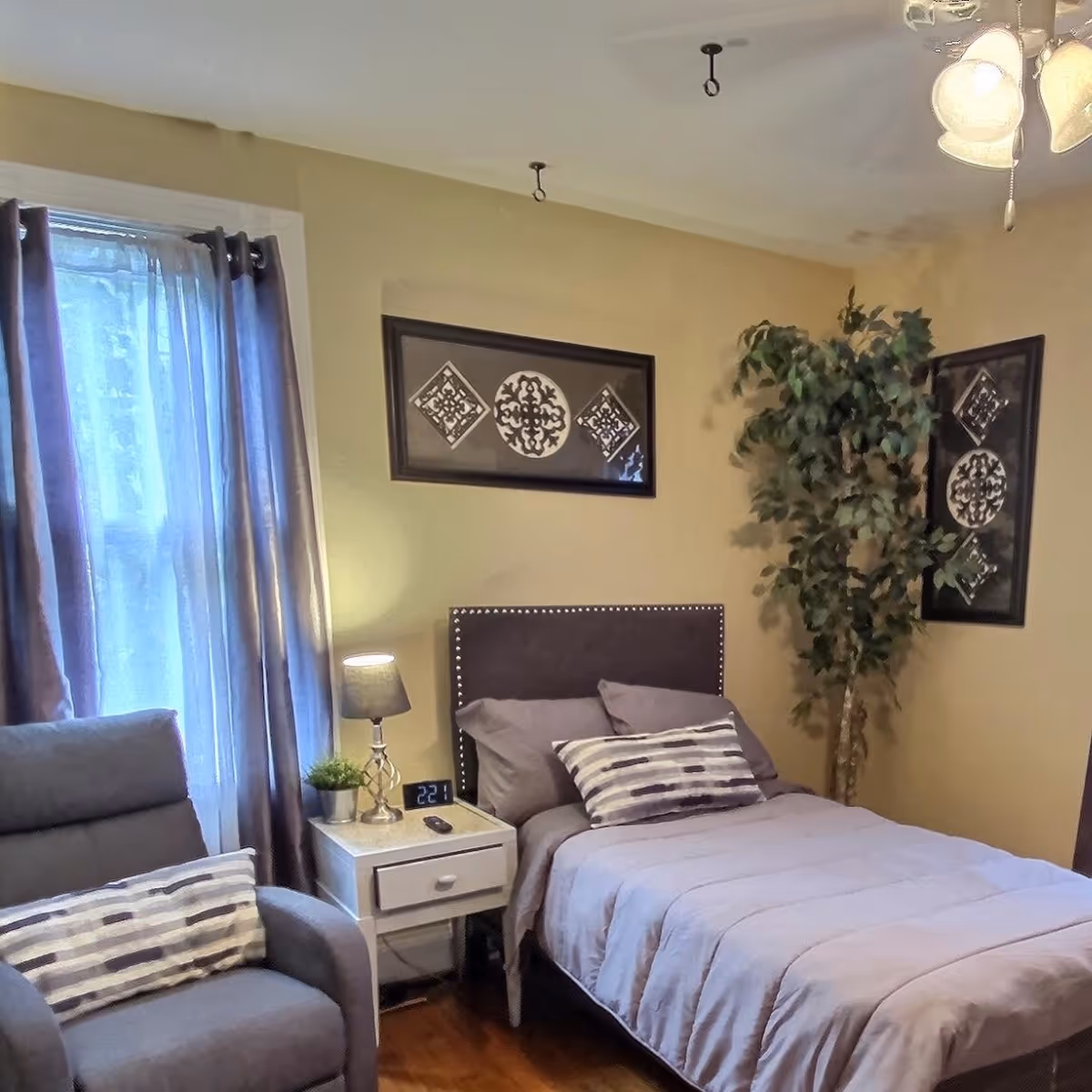 Bedroom in a senior living facility with bed, nightstand, lamp, chair, and plant.
