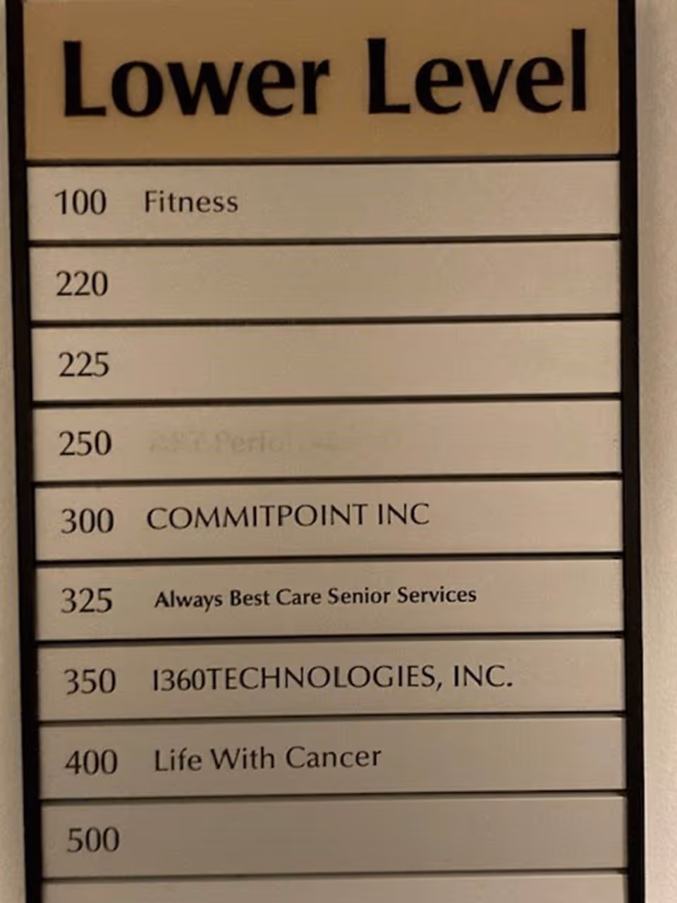 An indoor building directory sign showing the lower level and tenant names.