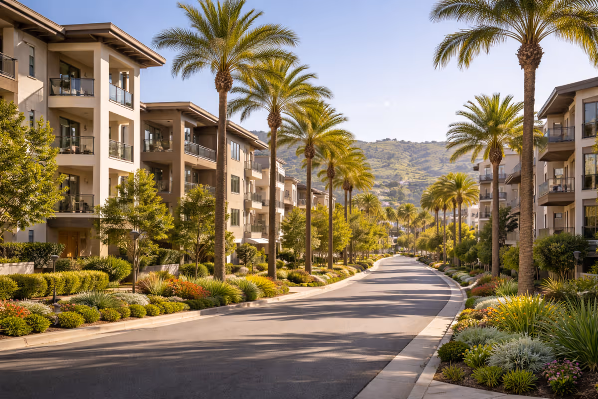Palm-lined road between modern residential buildings with landscaped gardens.