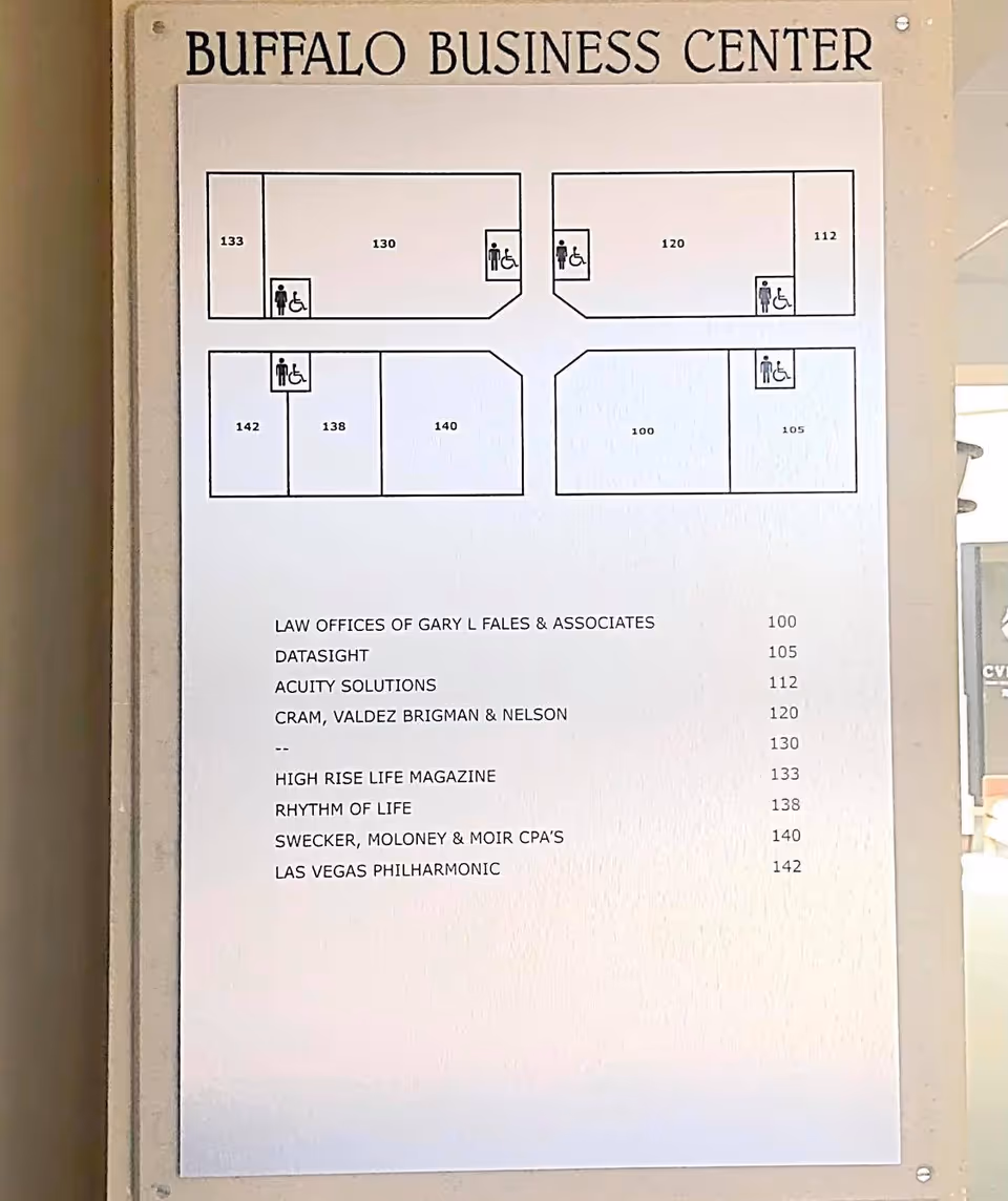 Directory sign showing a floor plan and tenant listings in a business center.
