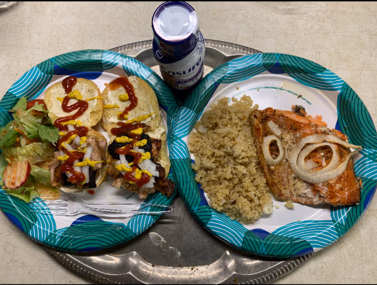 Two disposable plates: left with salad and sandwiches, right with salmon and couscous.