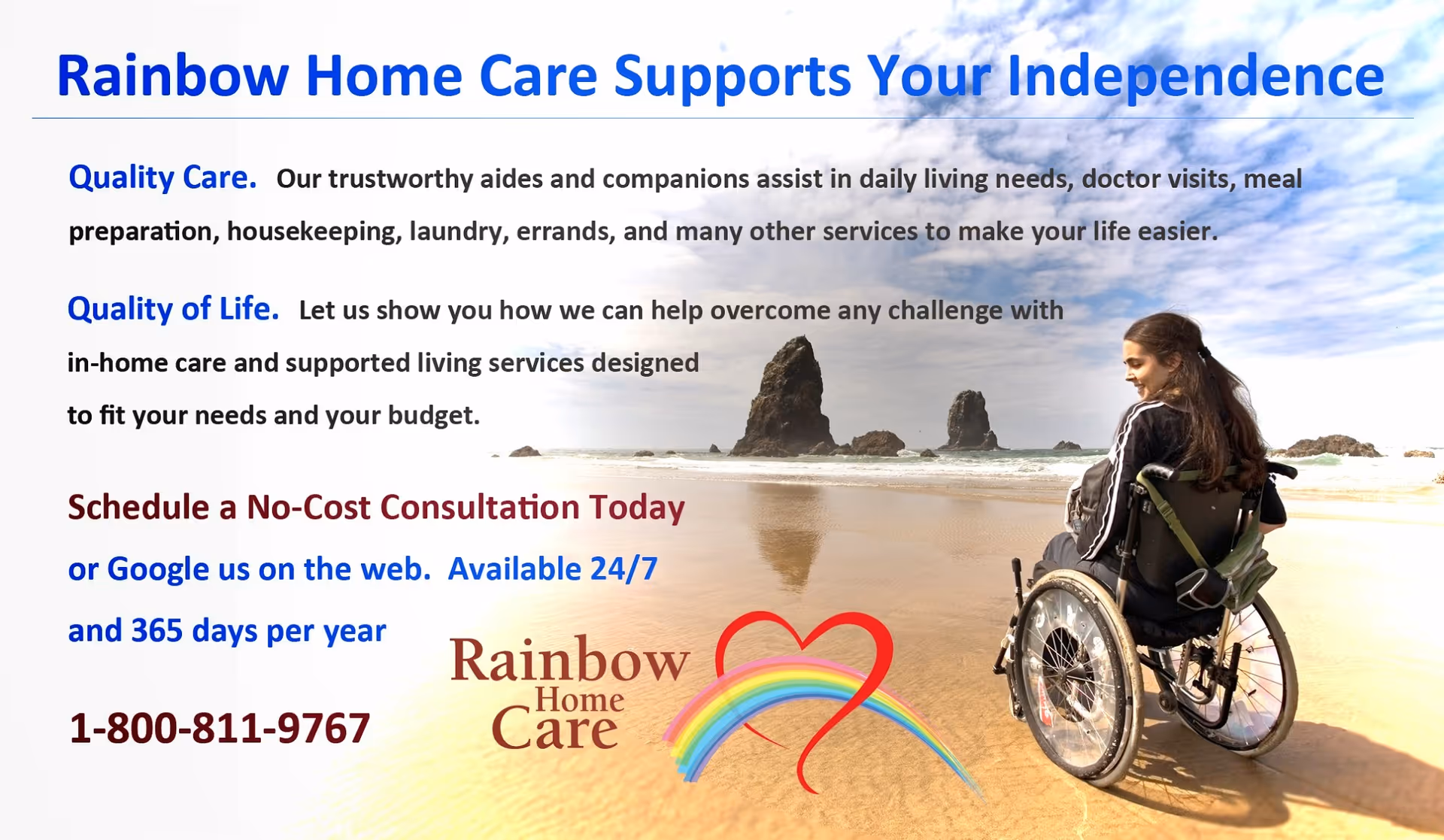 Wheelchair user on a sunny beach beside Rainbow Home Care branding and messaging.