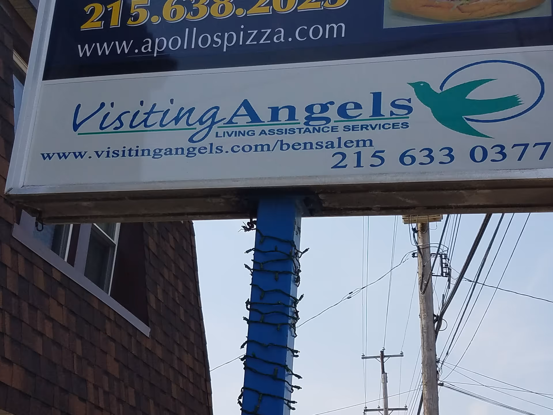Outdoor sign for Visiting Angels Senior Home Care with teal dove logo on brick building.