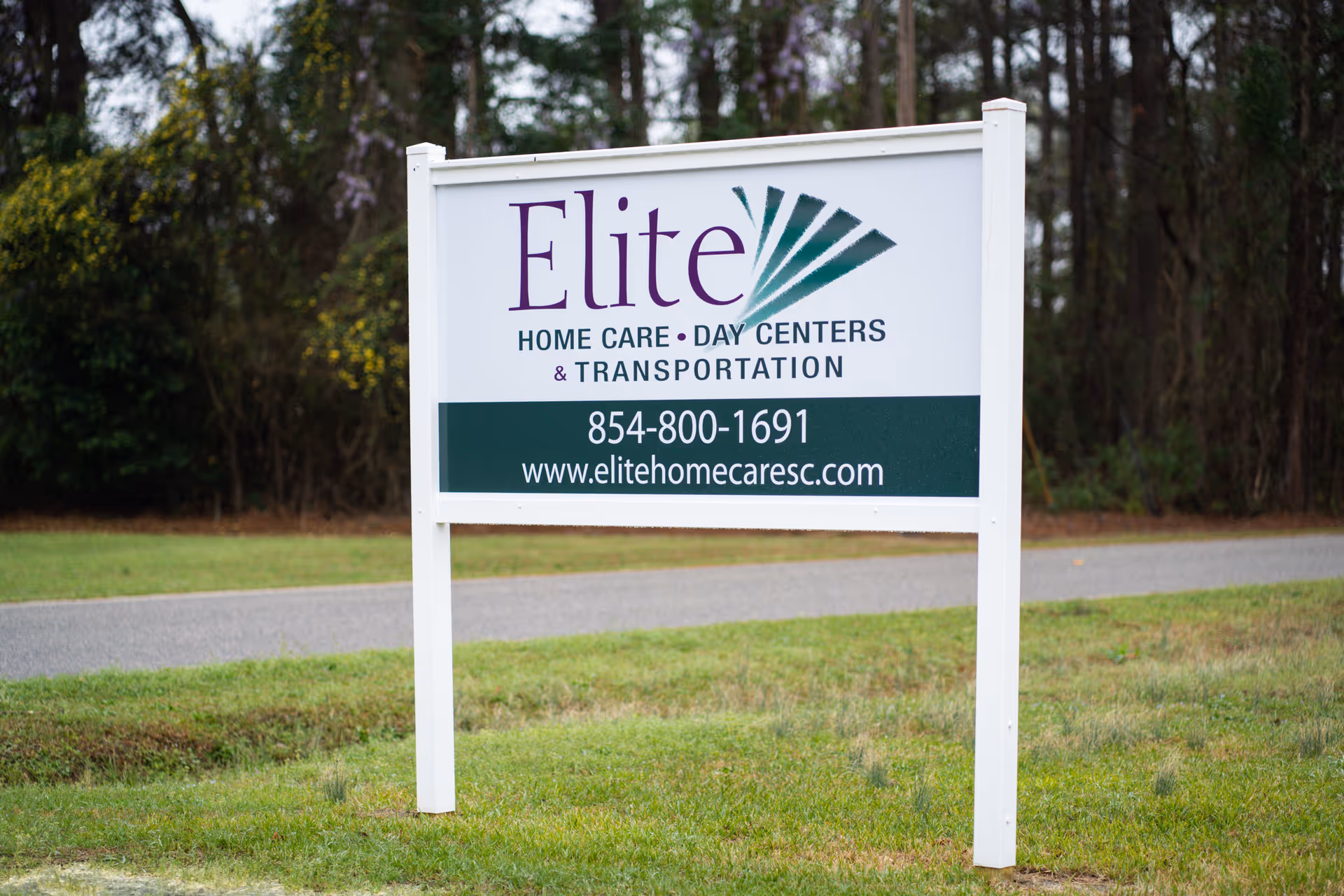 A large Elite sign advertising Elite Home Care Day Centers beside a grassy roadside.