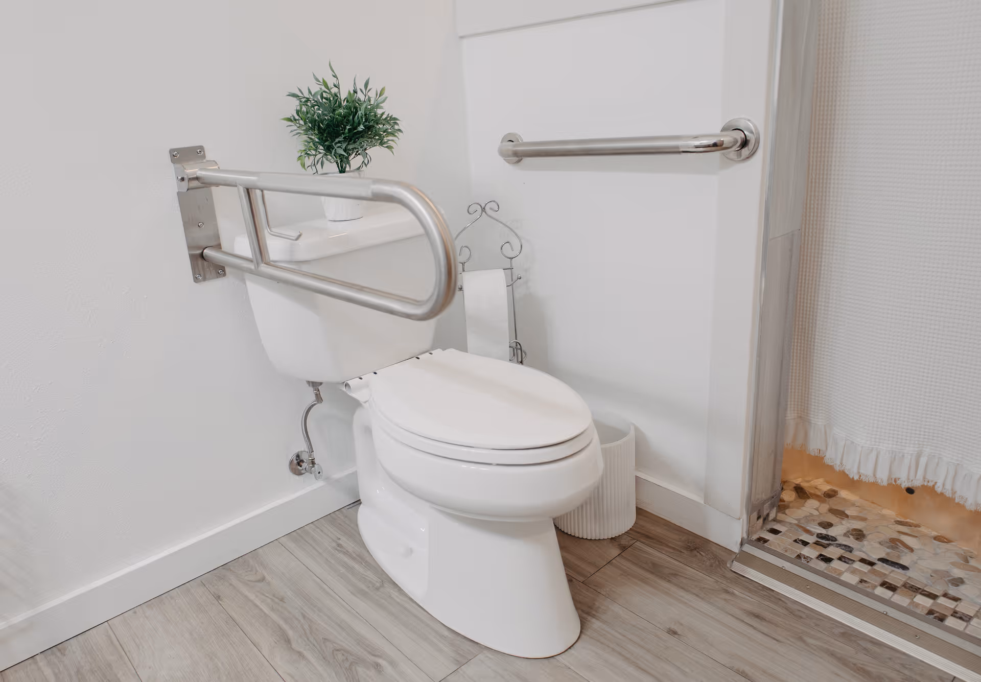 Accessible bathroom with a toilet, grab bars, and a shower doorway.