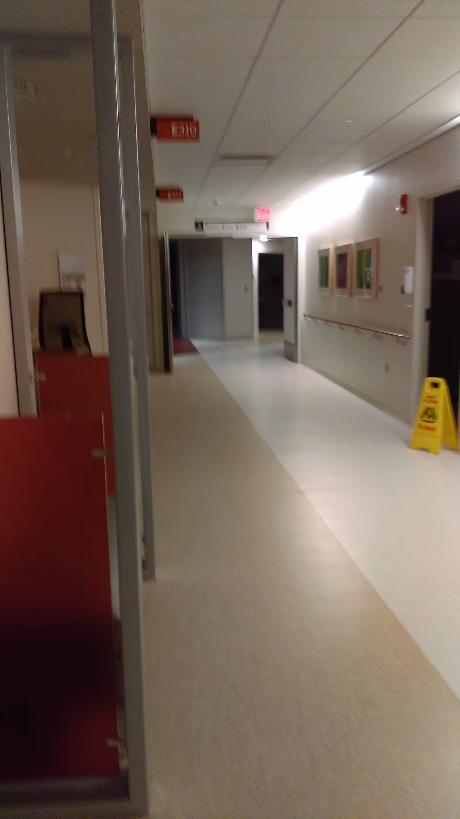 Interior hallway of a facility with doors, wall art, exit sign, and a yellow caution sign.