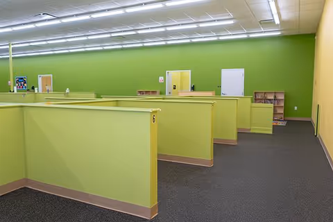 Bright lime-green-walled interior with beige cubicle dividers and carpet.