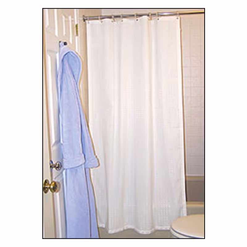 Blue bathrobe hangs by a door beside a white shower curtain in a bathroom.