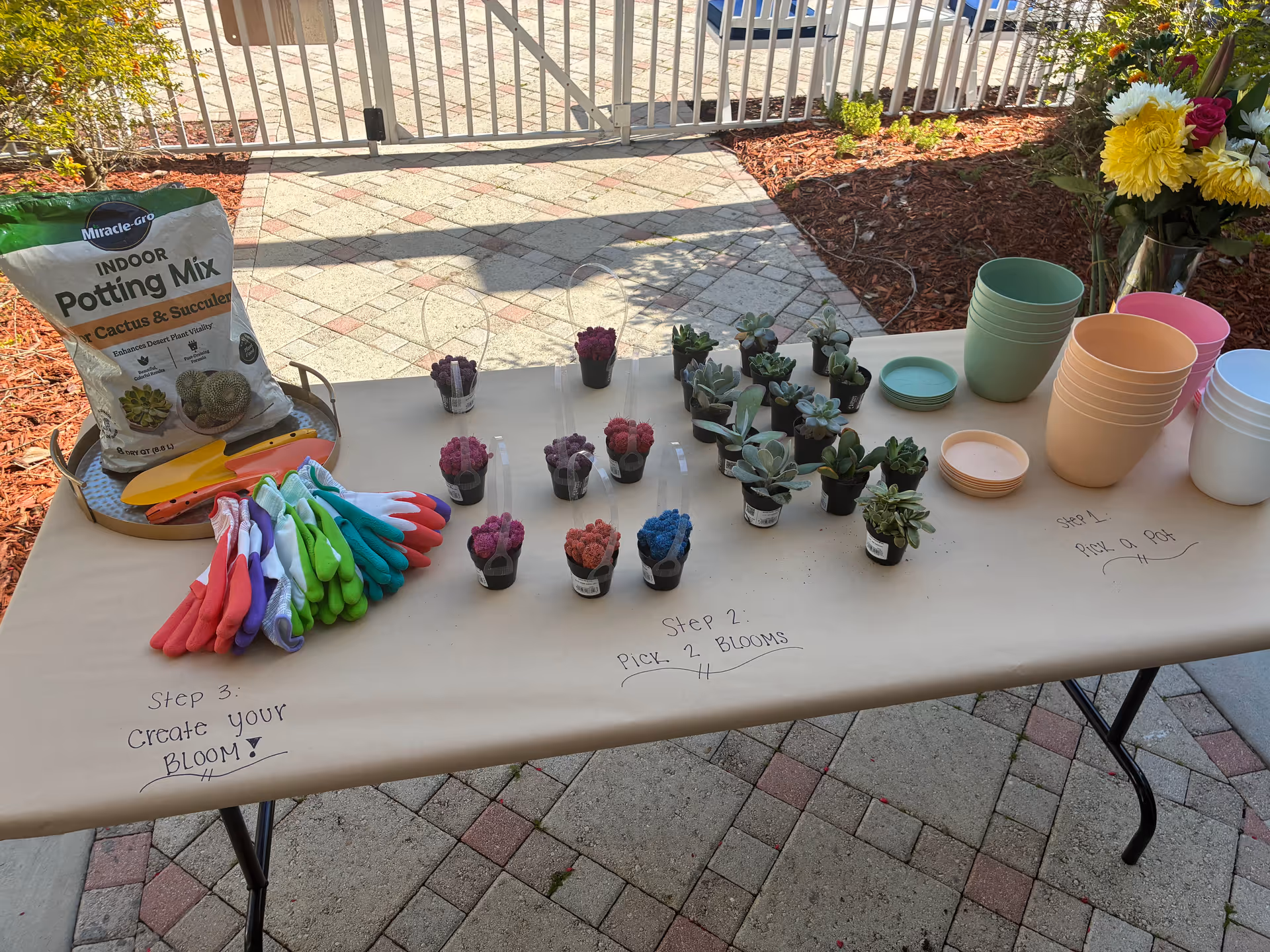 Outdoor table displays succulents, potting supplies, gloves, and colorful plant pots.