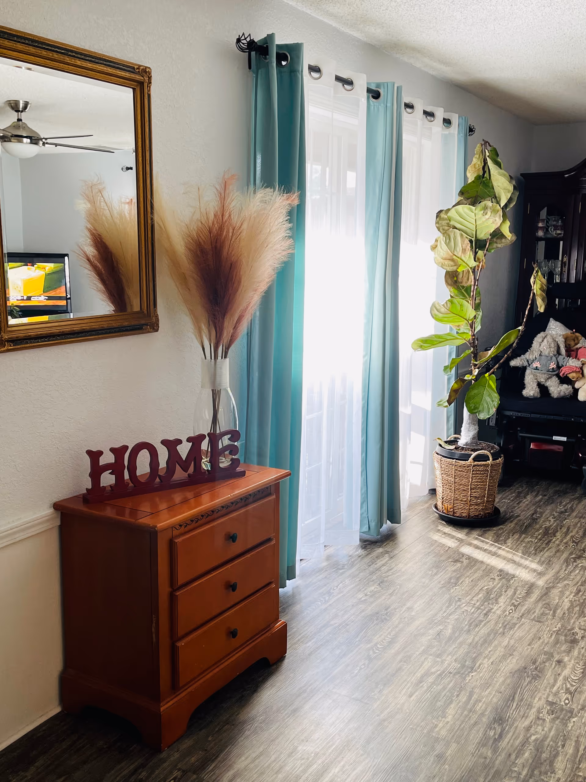 Cozy living space with a dresser, plant, curtains, and decorative home sign.