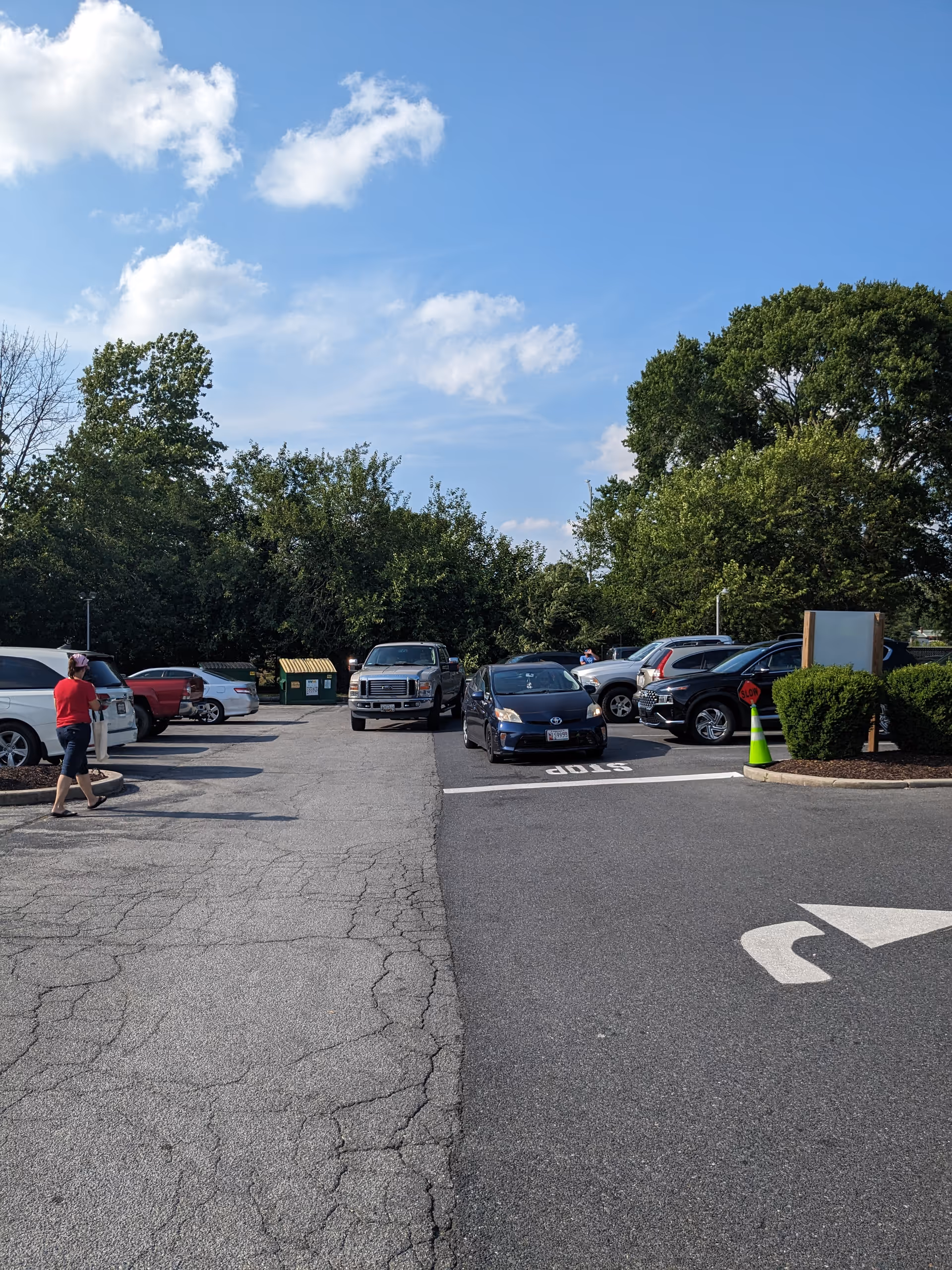 Outdoor parking lot with several cars, a person walking, and trees under blue sky.
