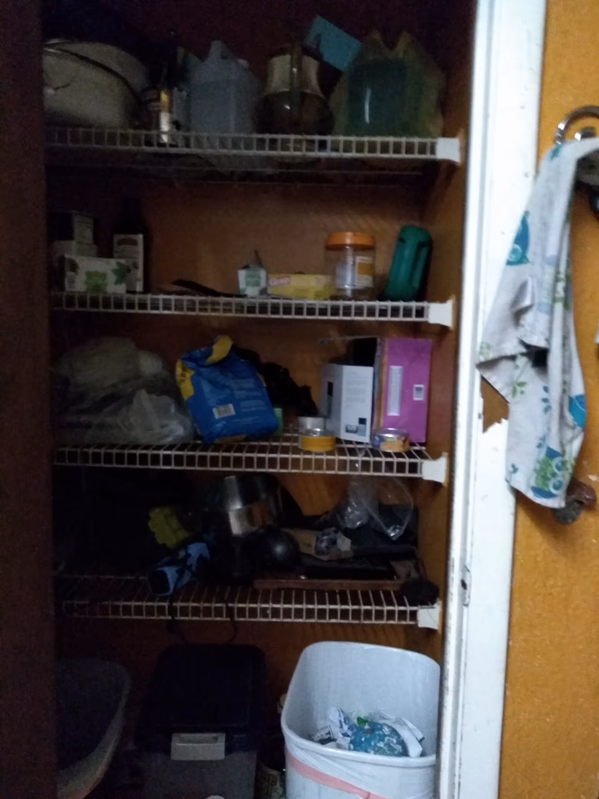 Dim interior storage closet with wire shelves holding bottles, boxes, bags, and containers.