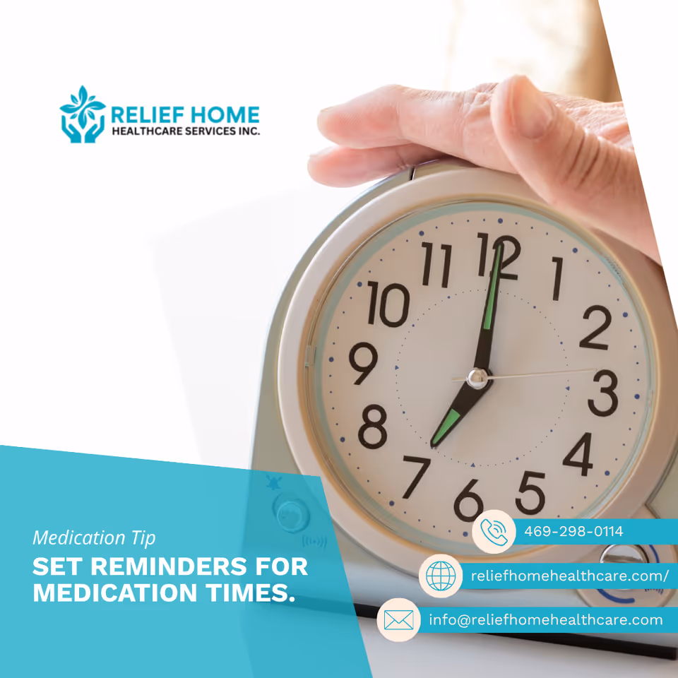 A hand adjusts a large clock featuring Relief Home Healthcare Services logo.