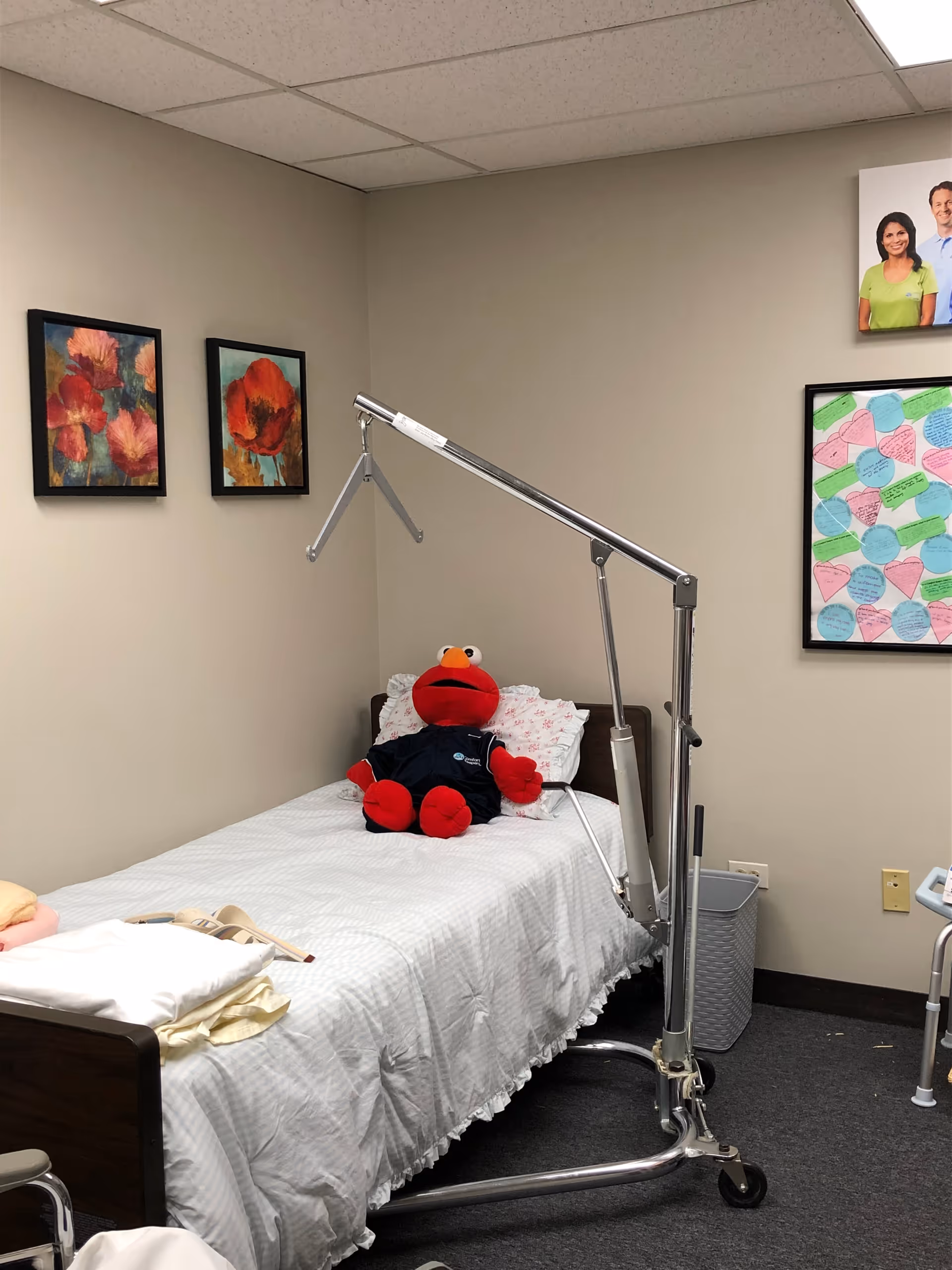 Hospital-style bed with overhead lift in a decorated care room.