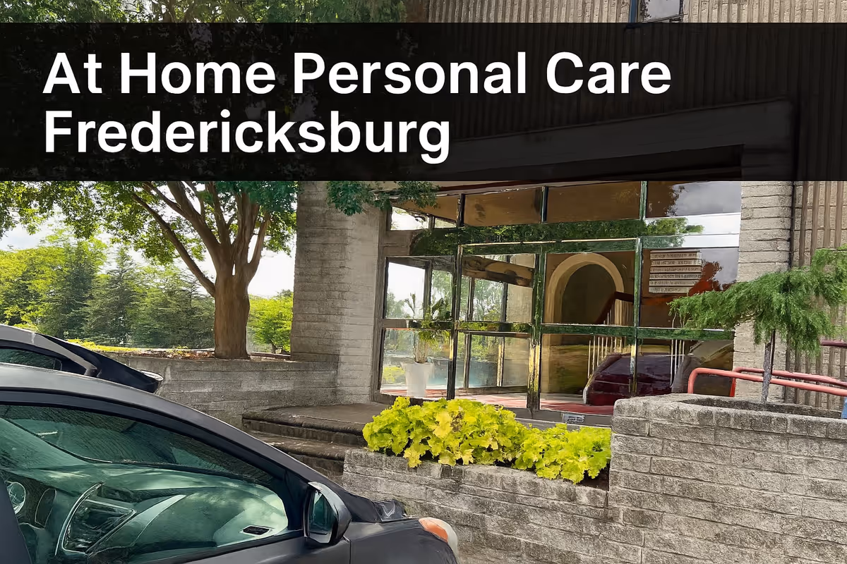 Exterior view of the At Home Personal Care Fredericksburg entrance with glass doors