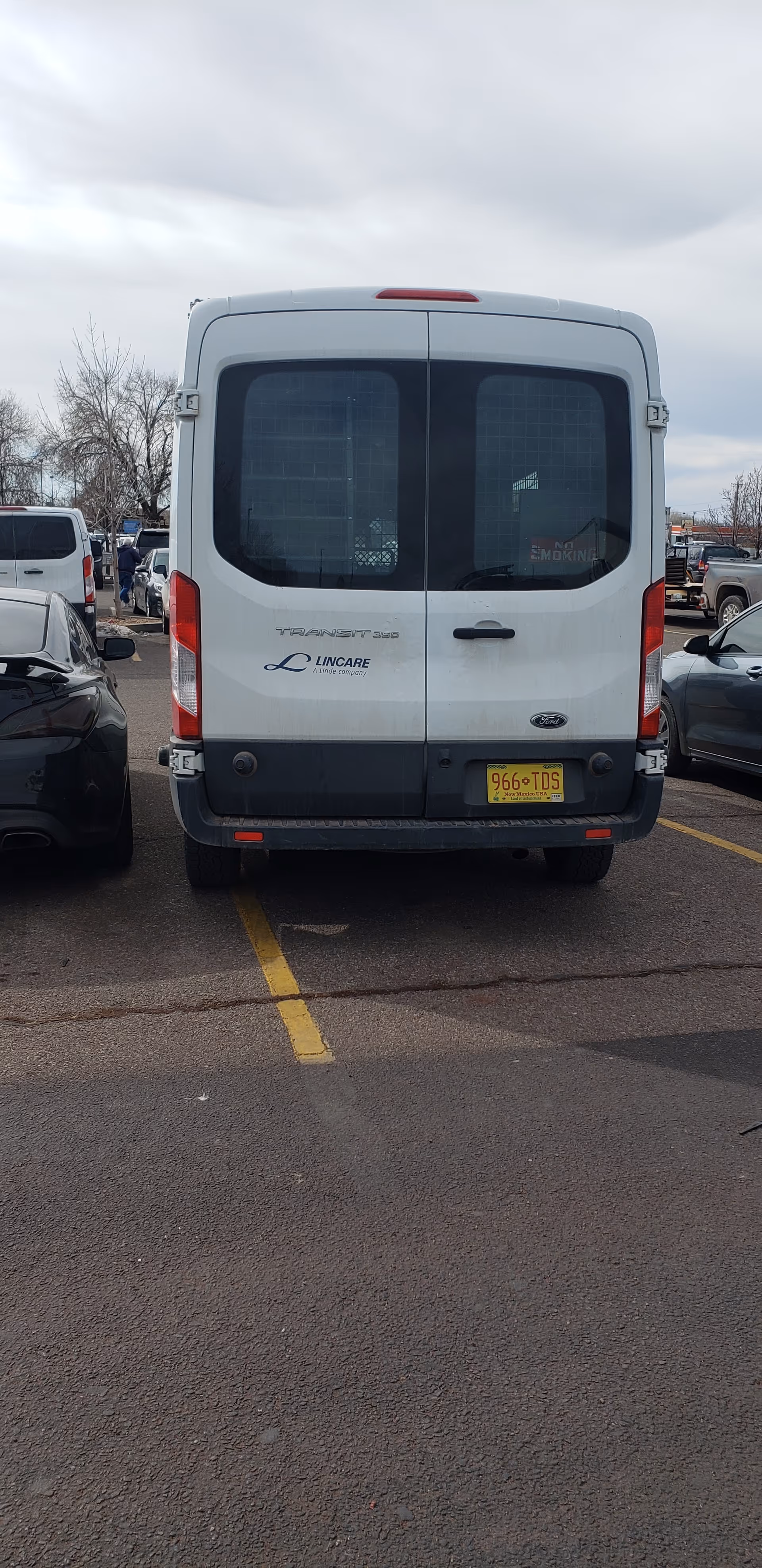 White LINCARE van parked in a lot, rear view with surrounding cars.