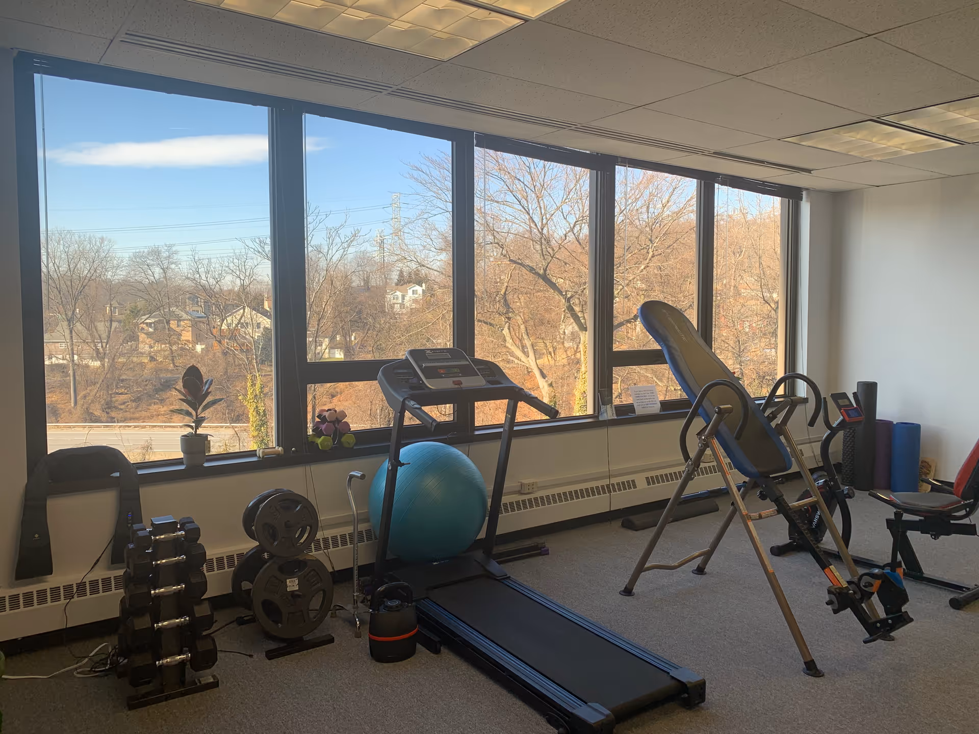 A therapy gym with treadmill, weights, exercise ball, and incline bench by large windows.