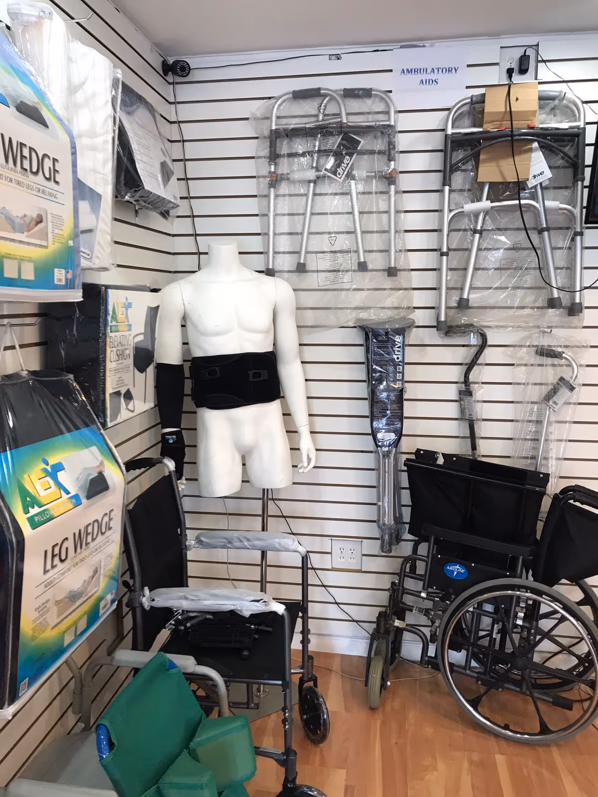 Interior showroom at Galaxy Medical Supply featuring wheelchairs, walkers, braces, and other mobility aids.