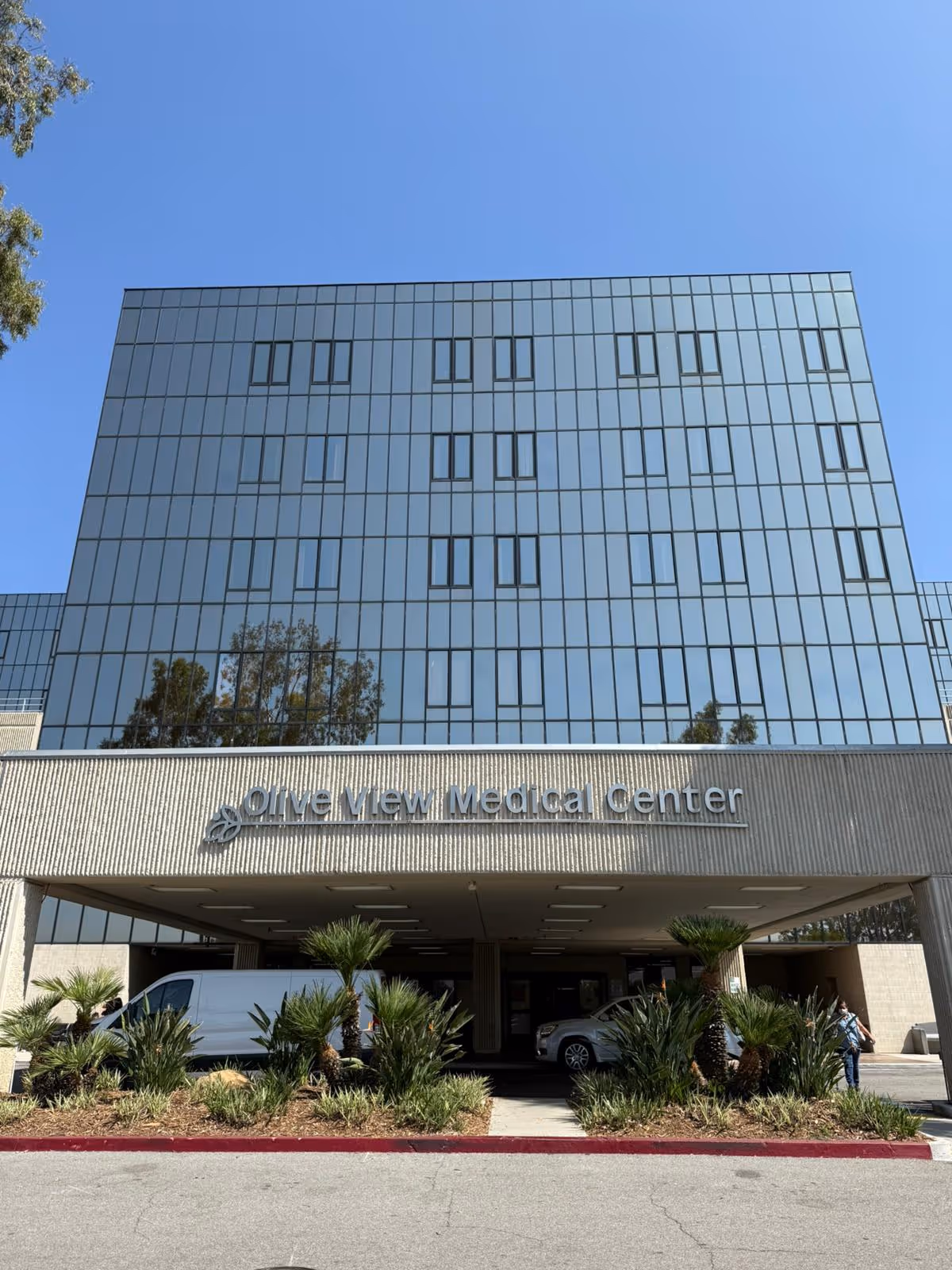 Glass-front hospital exterior labeled Olive View Medical Center.