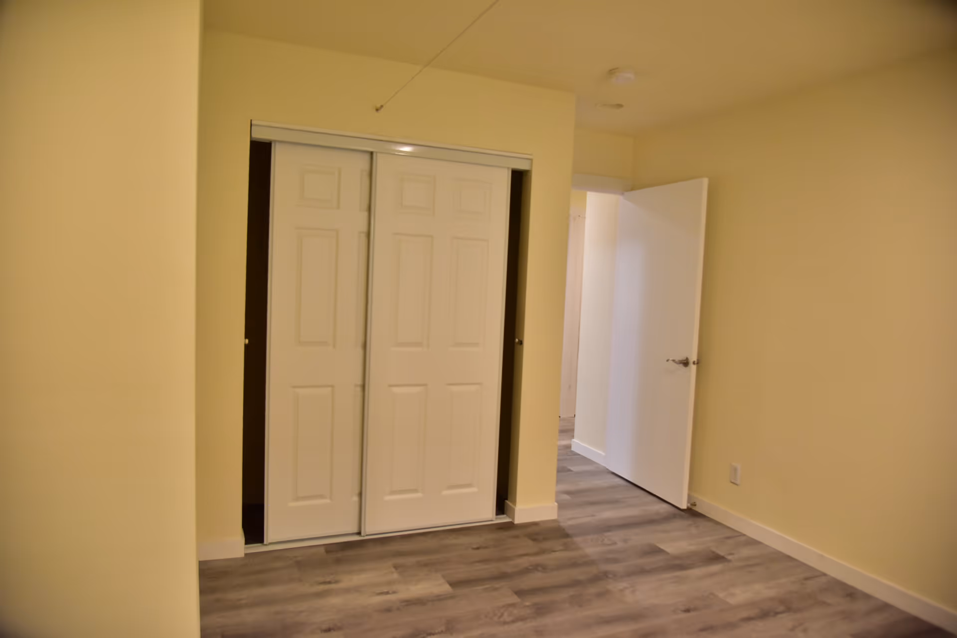 An empty interior room with pale yellow walls, wood-like flooring, a sliding closet, and open door.
