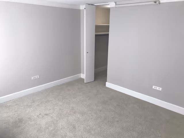 Unfurnished gray interior room with carpet, baseboards, and an open closet.