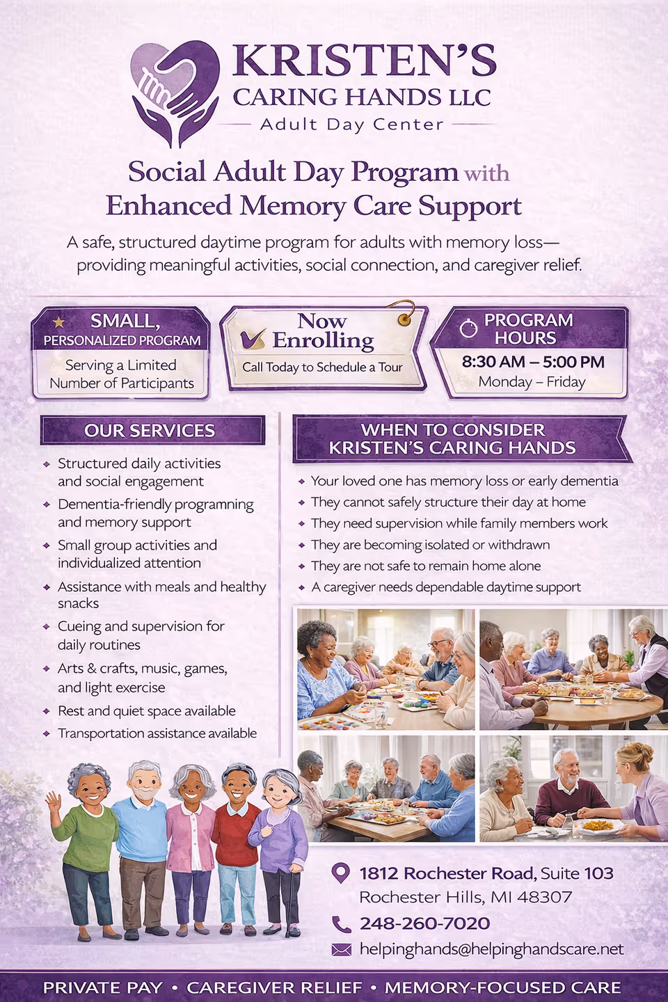 Poster advertising Kristen's Caring Hands LLC adult day program with photos of seniors