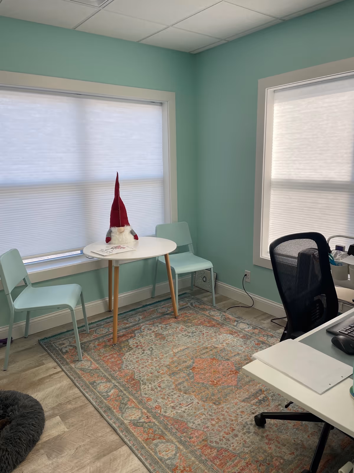 Mint-walled interior with a round table, chairs, gnome decor, desk, and patterned rug.