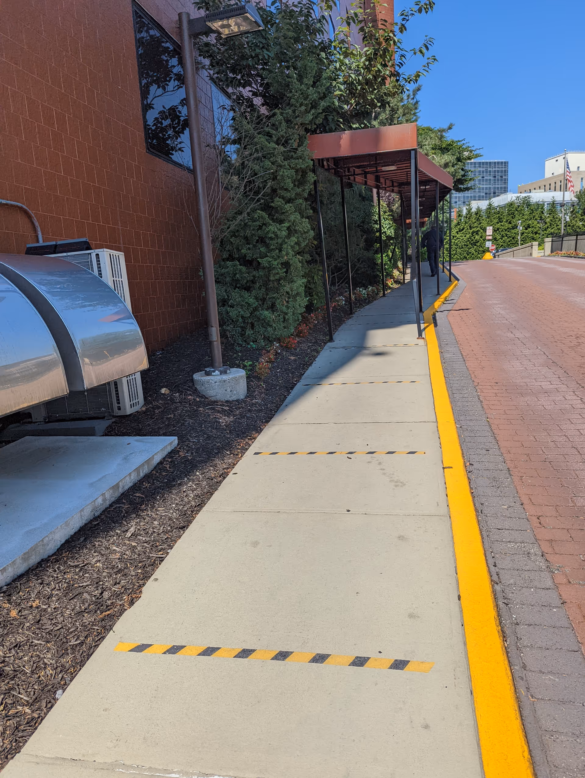 Exterior walkway beside a brick hospital building with a metal canopy and greenery.