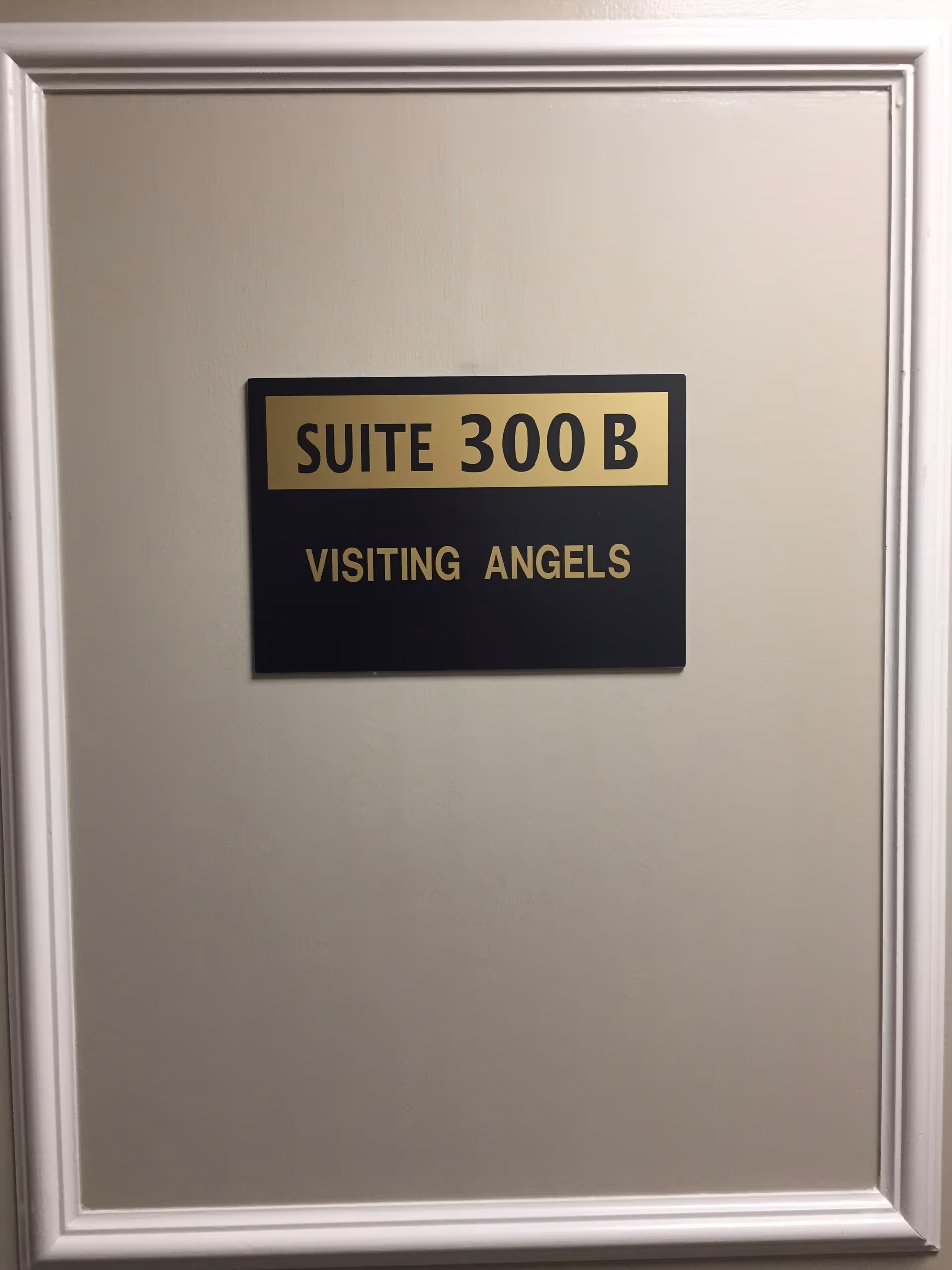Interior door with beige plaque reading Suite 300 B and Visiting Angels