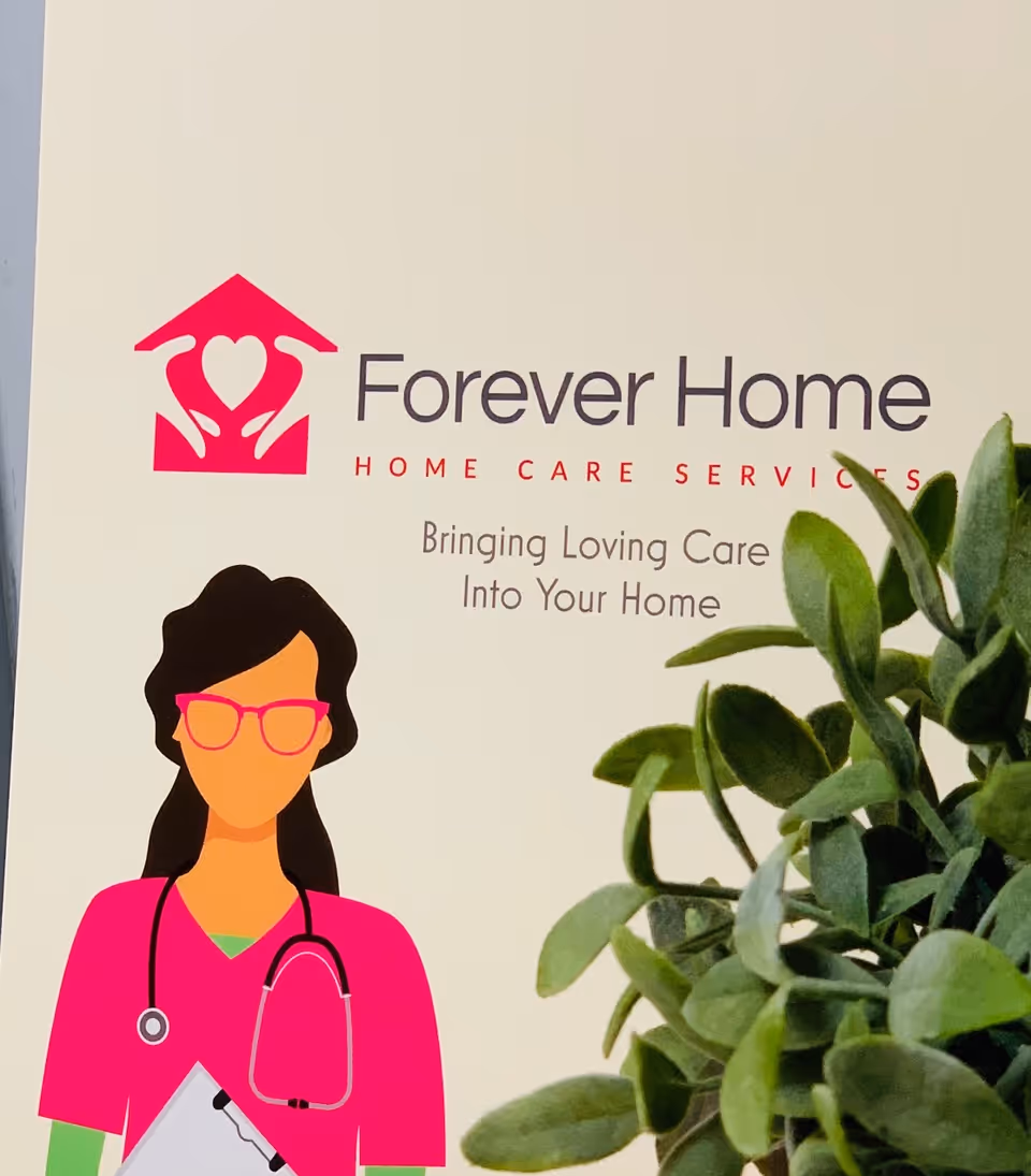 Forever Home logo sign with a nurse illustration and green plant against a cream wall.