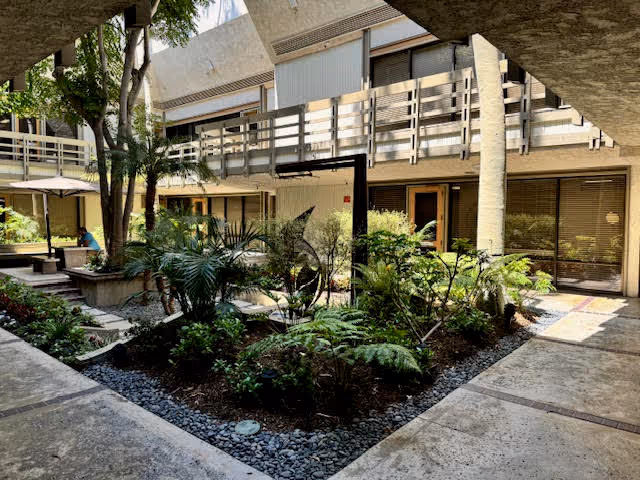Outdoor courtyard of a senior living facility with lush plants and walkways.